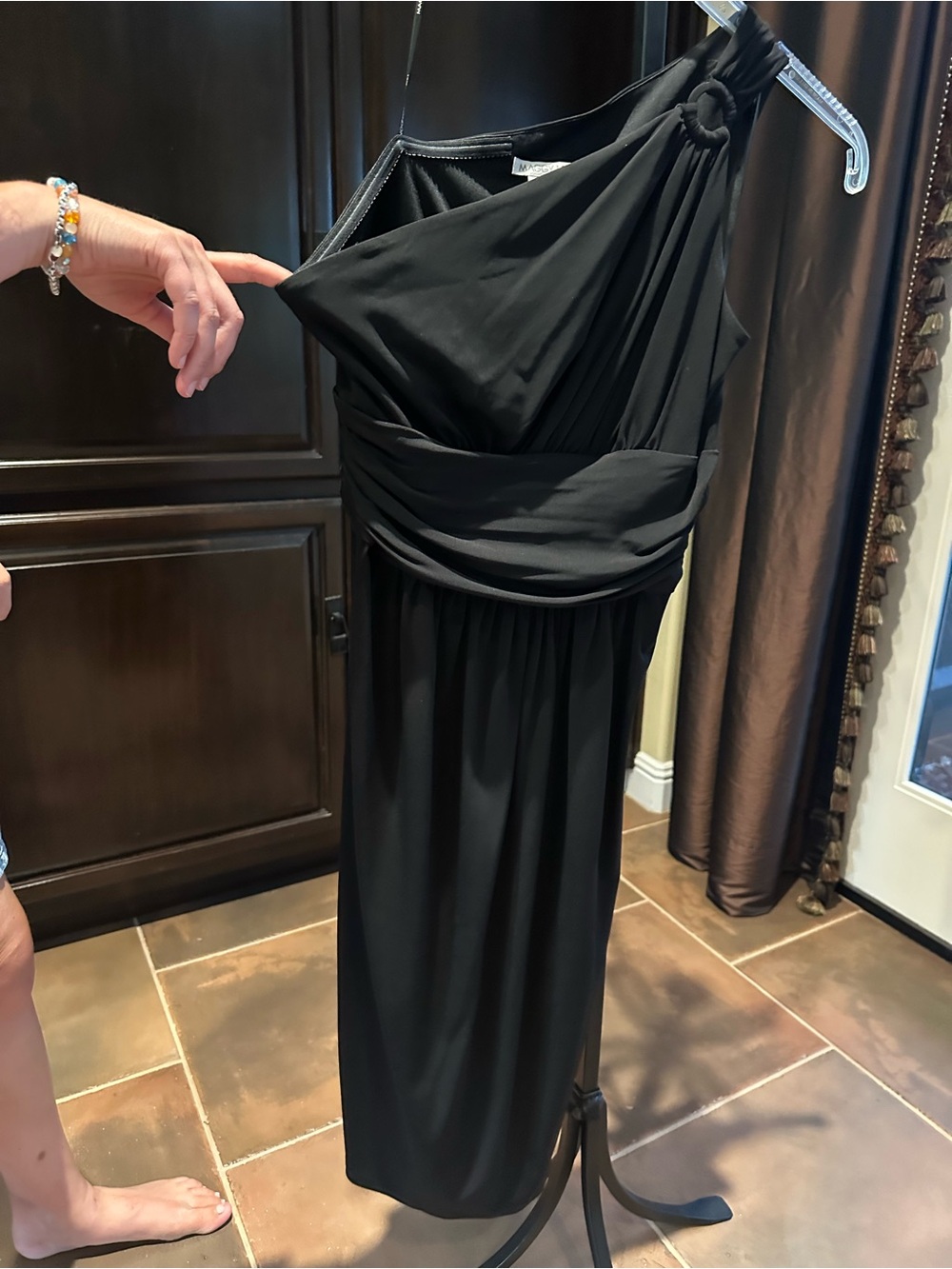 Maggy London Black One-Shoulder Draped Gown